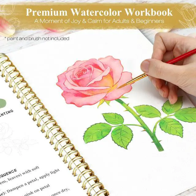 Alt view image 2 of 7 - Watercolor Workbook for Beginners, Floral Water Coloring Book, 16 Sheets, 140lb/300gsm Cold Press Watercolor Paper, Step-by-Step Watercolor Guide for Stress Relief & Fun Painting (Book Only)