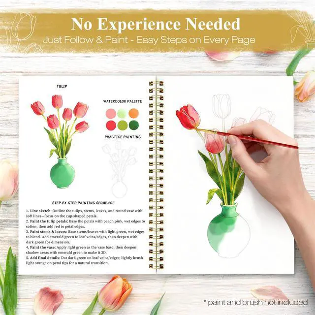 Alt view image 3 of 7 - Watercolor Workbook for Beginners, Floral Water Coloring Book, 16 Sheets, 140lb/300gsm Cold Press Watercolor Paper, Step-by-Step Watercolor Guide for Stress Relief & Fun Painting (Book Only)