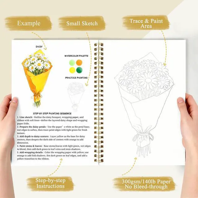 Alt view image 4 of 7 - Watercolor Workbook for Beginners, Floral Water Coloring Book, 16 Sheets, 140lb/300gsm Cold Press Watercolor Paper, Step-by-Step Watercolor Guide for Stress Relief & Fun Painting (Book Only)