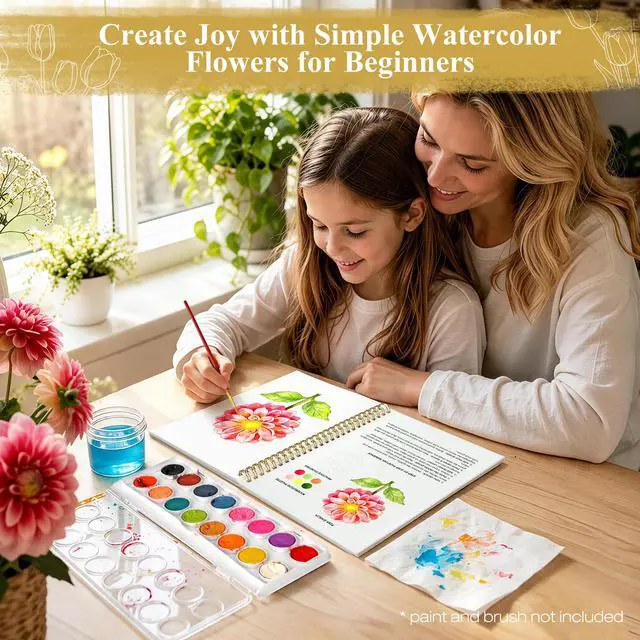 Alt view image 5 of 7 - Watercolor Workbook for Beginners, Floral Water Coloring Book, 16 Sheets, 140lb/300gsm Cold Press Watercolor Paper, Step-by-Step Watercolor Guide for Stress Relief & Fun Painting (Book Only)
