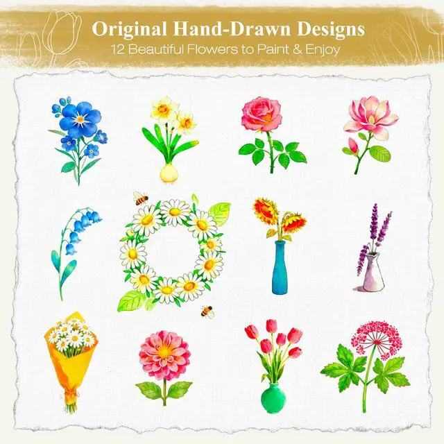 Alt view image 6 of 7 - Watercolor Workbook for Beginners, Floral Water Coloring Book, 16 Sheets, 140lb/300gsm Cold Press Watercolor Paper, Step-by-Step Watercolor Guide for Stress Relief & Fun Painting (Book Only)