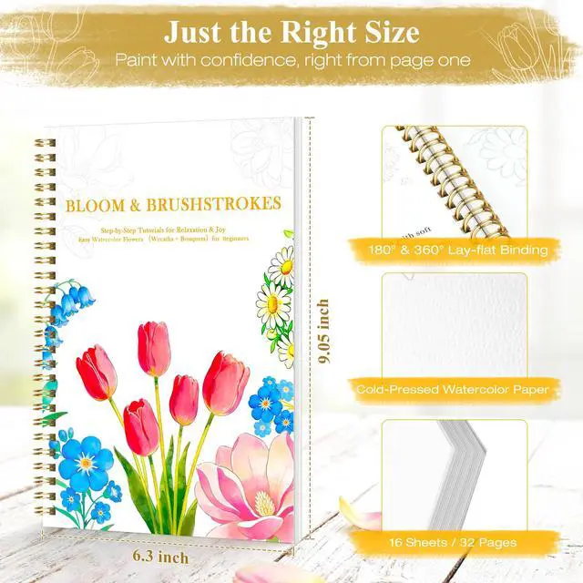 Alt view image 7 of 7 - Watercolor Workbook for Beginners, Floral Water Coloring Book, 16 Sheets, 140lb/300gsm Cold Press Watercolor Paper, Step-by-Step Watercolor Guide for Stress Relief & Fun Painting (Book Only)