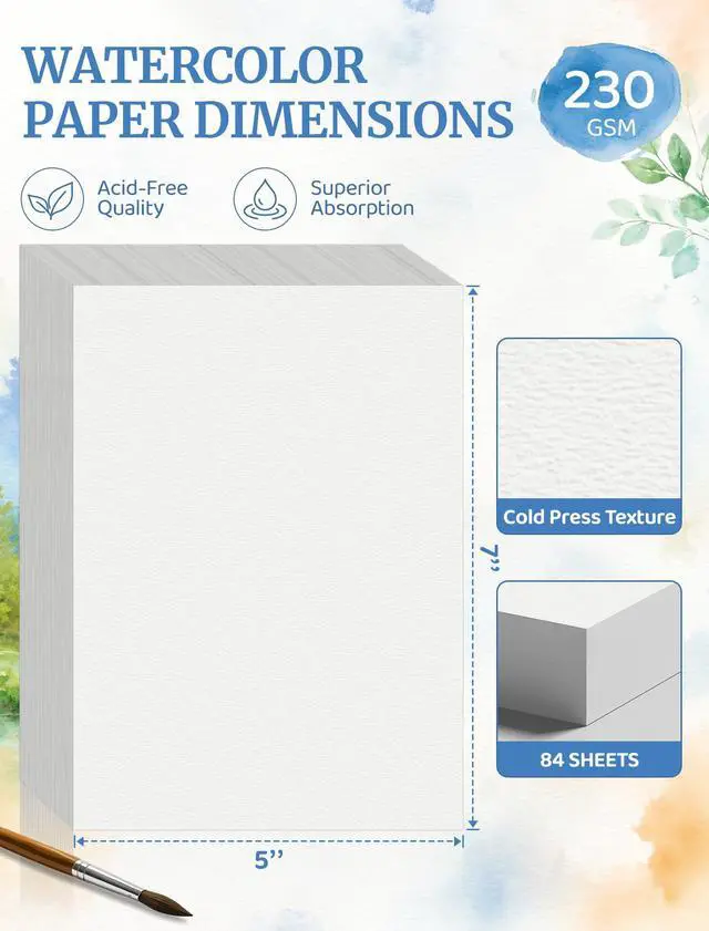 Alt view image 2 of 7 - 84 Sheets Watercolor Paper 5x7, 110 LB/230 GSM Water Color Paper 5 x 7, Cold Press Watercolor Paper Bulk, 5x7 Watercolor Paper Pad for Kids Adults, Art Paper for Painting, Sketching, Acrylic, Gouache