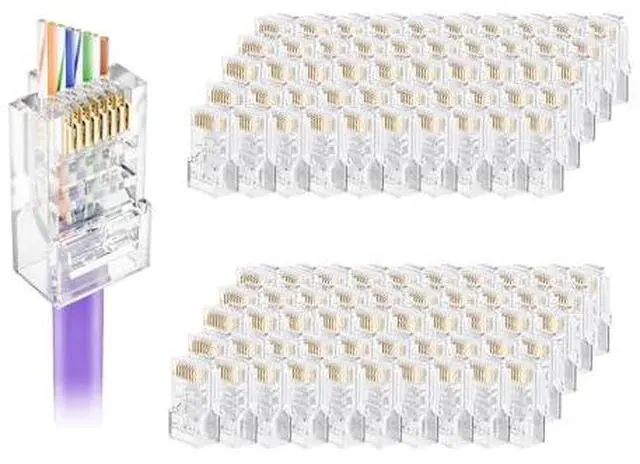 Main image of Cat5e Connectors RJ45 Pass Through 100-Pack with Longer Guide Rails for Easy Cable Insertion, 1000Mbps Cat5 8P8C Ends, Cat5e Modular Plugs for 24AWG Solid or Stranded UTP Network Cable