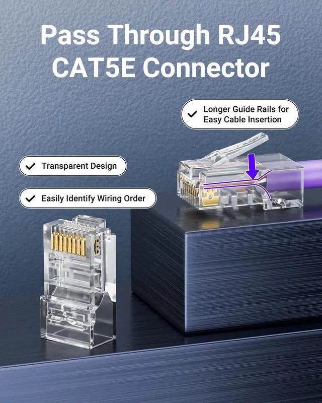 Alt view image 3 of 7 - Cat5e Connectors RJ45 Pass Through 100-Pack with Longer Guide Rails for Easy Cable Insertion, 1000Mbps Cat5 8P8C Ends, Cat5e Modular Plugs for 24AWG Solid or Stranded UTP Network Cable