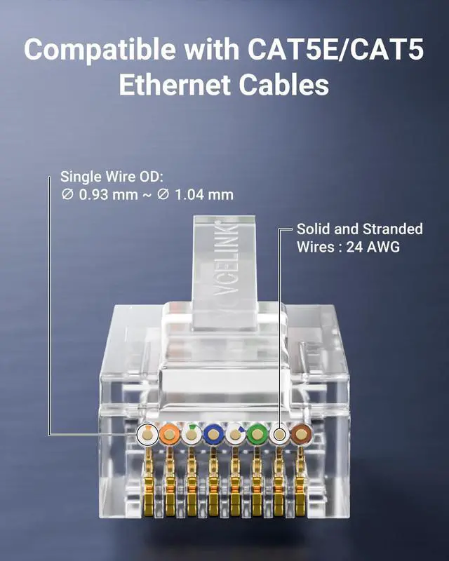 Alt view image 5 of 7 - Cat5e Connectors RJ45 Pass Through 100-Pack with Longer Guide Rails for Easy Cable Insertion, 1000Mbps Cat5 8P8C Ends, Cat5e Modular Plugs for 24AWG Solid or Stranded UTP Network Cable