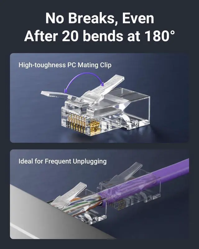 Alt view image 6 of 7 - Cat5e Connectors RJ45 Pass Through 100-Pack with Longer Guide Rails for Easy Cable Insertion, 1000Mbps Cat5 8P8C Ends, Cat5e Modular Plugs for 24AWG Solid or Stranded UTP Network Cable