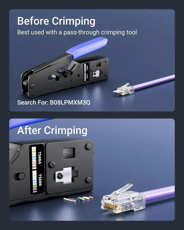Alt view image 7 of 7 - Cat5e Connectors RJ45 Pass Through 100-Pack with Longer Guide Rails for Easy Cable Insertion, 1000Mbps Cat5 8P8C Ends, Cat5e Modular Plugs for 24AWG Solid or Stranded UTP Network Cable