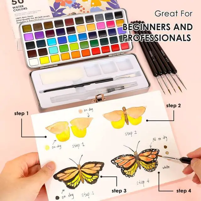 Alt view image 4 of 6 - 50 Colors Watercolor Paint Set, Detail Paint Brush Included, Watercolor Paints, Painting Sets, Art Supplies for Painting, Travel Watercolor Set, Amateur Hobbyists