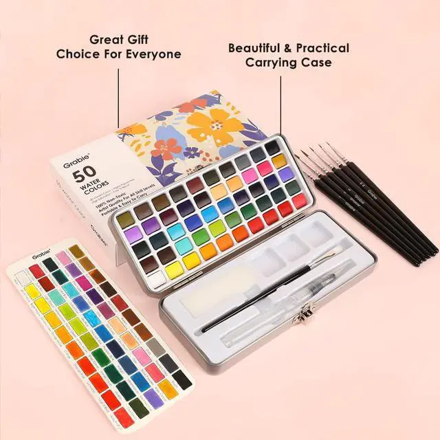 Alt view image 5 of 6 - 50 Colors Watercolor Paint Set, Detail Paint Brush Included, Watercolor Paints, Painting Sets, Art Supplies for Painting, Travel Watercolor Set, Amateur Hobbyists