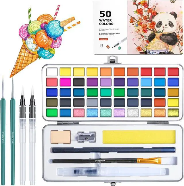 Main image of Watercolor Paint Set with 50 Rich Colors,Professional Travel Art Kit with 6 Brushes, 8 Papers, Palette & Accessories,Includes Metallic & Fluorescent Paints,Art Supplies for Artists, Adults & Hobbyists