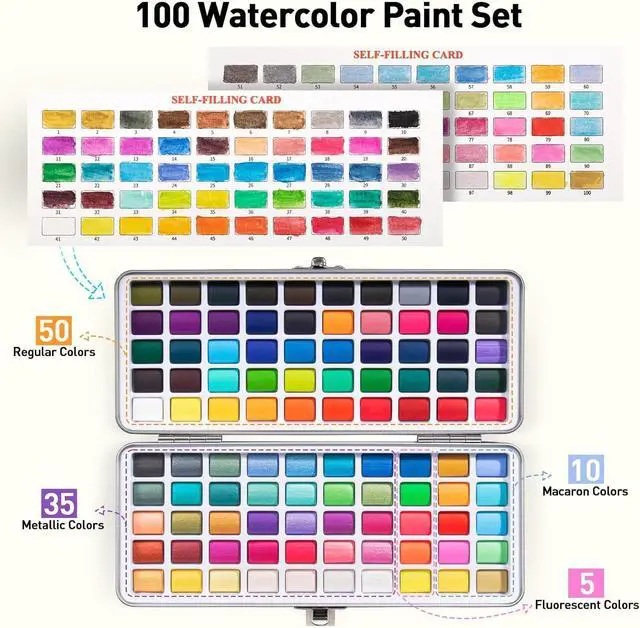 Alt view image 2 of 6 - Watercolor Paint Set with 50 Rich Colors,Professional Travel Art Kit with 6 Brushes, 8 Papers, Palette & Accessories,Includes Metallic & Fluorescent Paints,Art Supplies for Artists, Adults & Hobbyists
