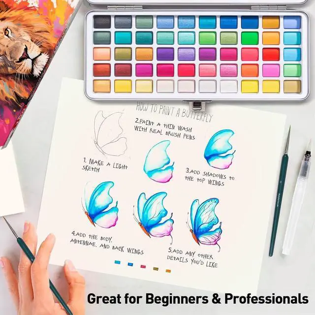 Alt view image 3 of 6 - Watercolor Paint Set with 50 Rich Colors,Professional Travel Art Kit with 6 Brushes, 8 Papers, Palette & Accessories,Includes Metallic & Fluorescent Paints,Art Supplies for Artists, Adults & Hobbyists