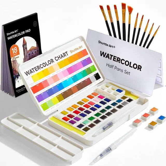 Main image of Watercolor Paint Set, 48 Colors Watercolor Paint in Half Pans with 2 Water Brush Pens, 10 Paint Brushes, 1 Watercolor Pad, 1 Palette, 2 Color Charts, Watercolor Kit for KidsAdults, Artists