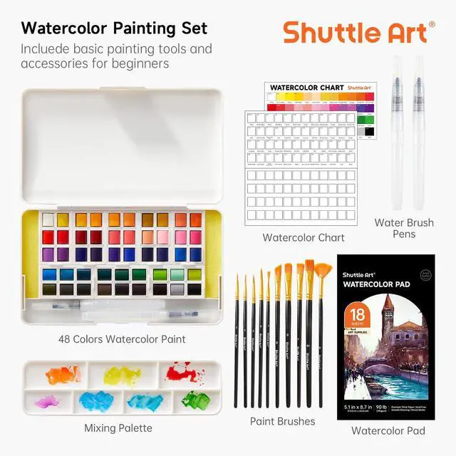 Alt view image 4 of 7 - Watercolor Paint Set, 48 Colors Watercolor Paint in Half Pans with 2 Water Brush Pens, 10 Paint Brushes, 1 Watercolor Pad, 1 Palette, 2 Color Charts, Watercolor Kit for KidsAdults, Artists