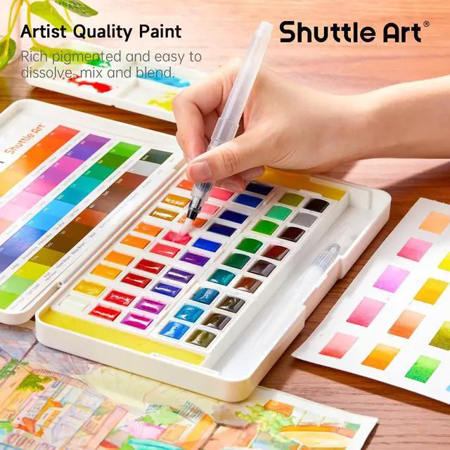 Alt view image 5 of 7 - Watercolor Paint Set, 48 Colors Watercolor Paint in Half Pans with 2 Water Brush Pens, 10 Paint Brushes, 1 Watercolor Pad, 1 Palette, 2 Color Charts, Watercolor Kit for KidsAdults, Artists
