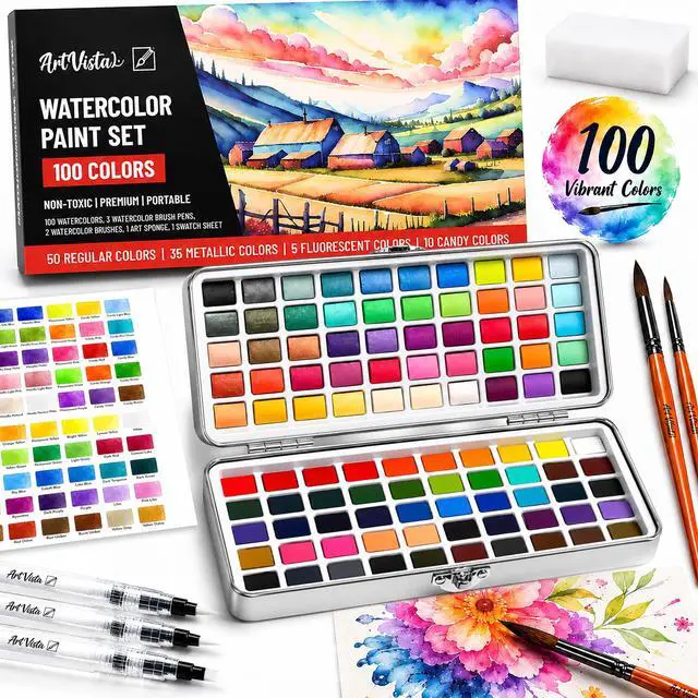Main image of Watercolor Paint Set with 100 Bright Colors: for Adult Beginners & Professional with Metallic - Travel Sized Water Color Art Kit Palette