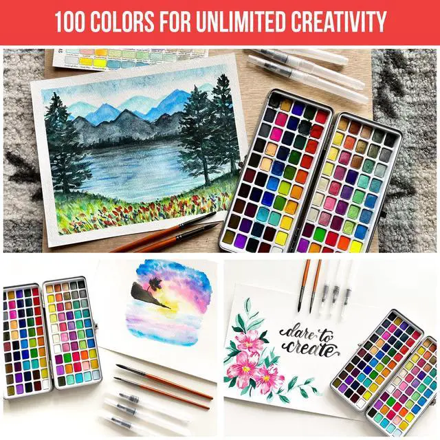 Alt view image 2 of 7 - Watercolor Paint Set with 100 Bright Colors: for Adult Beginners & Professional with Metallic - Travel Sized Water Color Art Kit Palette