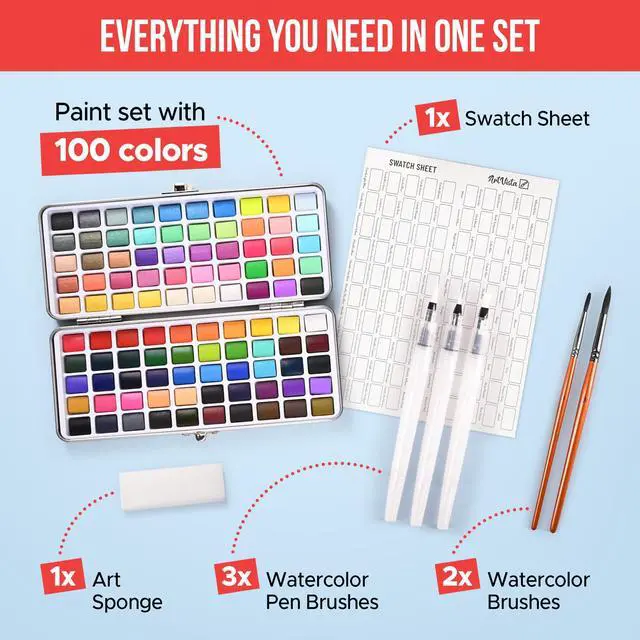 Alt view image 4 of 7 - Watercolor Paint Set with 100 Bright Colors: for Adult Beginners & Professional with Metallic - Travel Sized Water Color Art Kit Palette