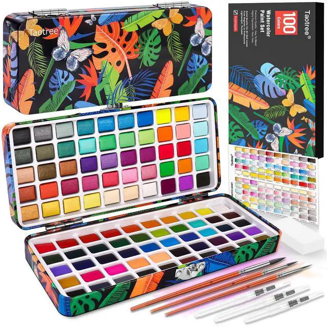 Main image of Watercolor Paint Set 100 Colors, Art Supplies Watercolors Kit Travel Water Colors with 3 Paints Brushes, Crafts Painting Supplies, Drawing for Adults Artist Drawing, Painting