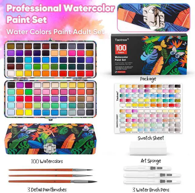 Alt view image 3 of 7 - Watercolor Paint Set 100 Colors, Art Supplies Watercolors Kit Travel Water Colors with 3 Paints Brushes, Crafts Painting Supplies, Drawing for Adults Artist Drawing, Painting