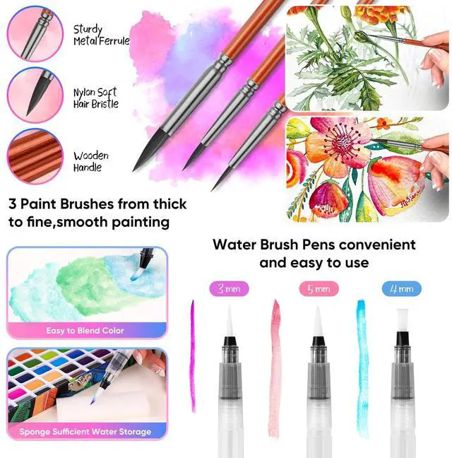 Alt view image 4 of 7 - Watercolor Paint Set 100 Colors, Art Supplies Watercolors Kit Travel Water Colors with 3 Paints Brushes, Crafts Painting Supplies, Drawing for Adults Artist Drawing, Painting