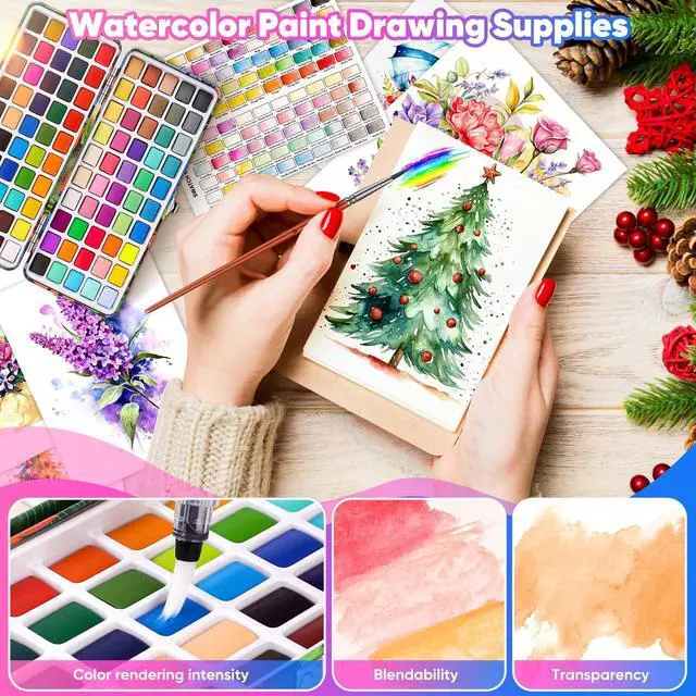 Alt view image 5 of 7 - Watercolor Paint Set 100 Colors, Art Supplies Watercolors Kit Travel Water Colors with 3 Paints Brushes, Crafts Painting Supplies, Drawing for Adults Artist Drawing, Painting