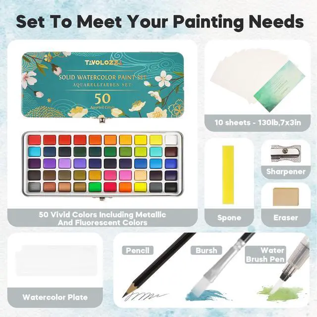 Alt view image 2 of 7 - Watercolor Paint Set, 50 Vivid Colors Including Metallic and Fluorescent Colors in Gift Box,Perfect Watercolor Set for Artists, Painting Lovers
