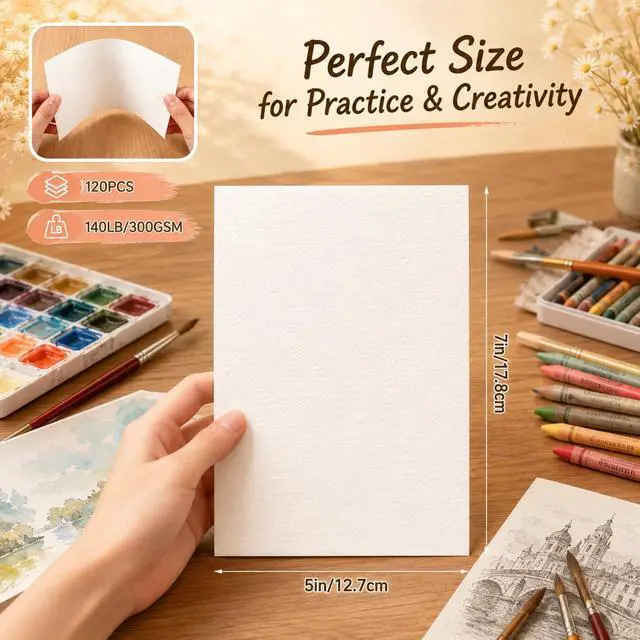 Alt view image 2 of 7 - 120 Sheets Watercolor Paper Bulk, 5x7 Inch Cold Press Watercolor Paper, 140lb/300 GSM Textured Art Paper for Beginners, Students, Hobby Painting & DIY Crafts