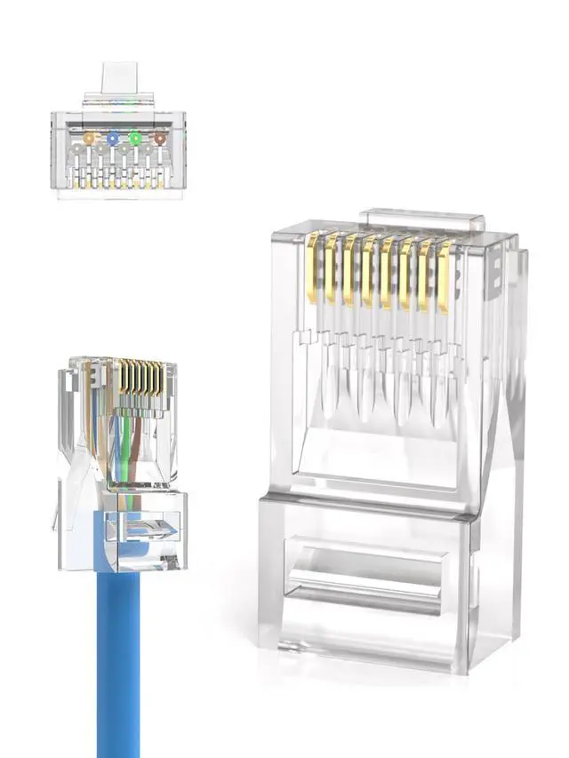 Alt view image 2 of 7 - Cat6 RJ45 Connectors, 100-PACK Cat6 RJ45 Ends, Ethernet Cable Crimp Connectors UTP Network Plug for Solid Wire and Standard Cable, Transparent