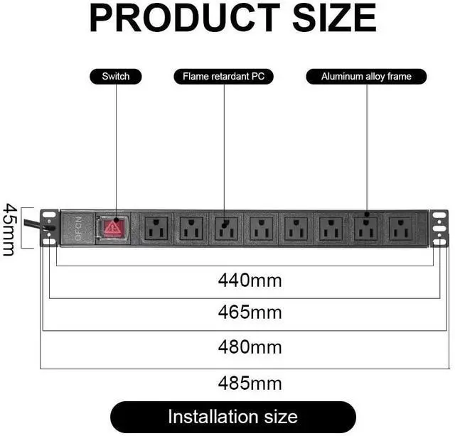 Alt view image 2 of 7 - 19" 1U Rack Mount PDU Power Strips 8 Outlet Mountable Power Strip, Wall Mount Outlet Power Strip Heavy Duty, Wide Spaced 15A 125V 1875W, 6 FT SJT 14AWG Power Cord (6FT) (8 Outlet)