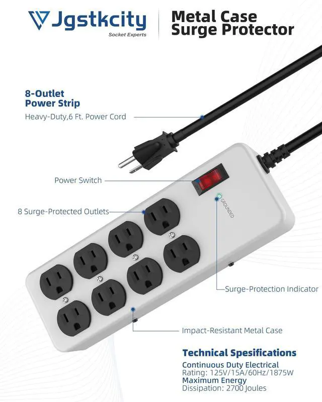 Alt view image 4 of 7 - Heavy Duty Power Strip,Industrial Heavy Metal Case Surge Protector,8 AC Outlets,15Amp,2700 Joules,Protected' Indicator,14 Gauge Cord (Grey, 6FT Length)