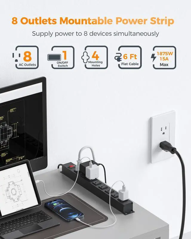 Alt view image 2 of 7 - Metal Power Strip, 8 Outlets, 1 Switch, 6 Ft Extension Cord