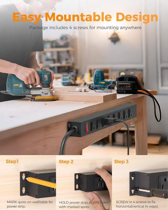 Alt view image 3 of 7 - Metal Power Strip, 8 Outlets, 1 Switch, 6 Ft Extension Cord