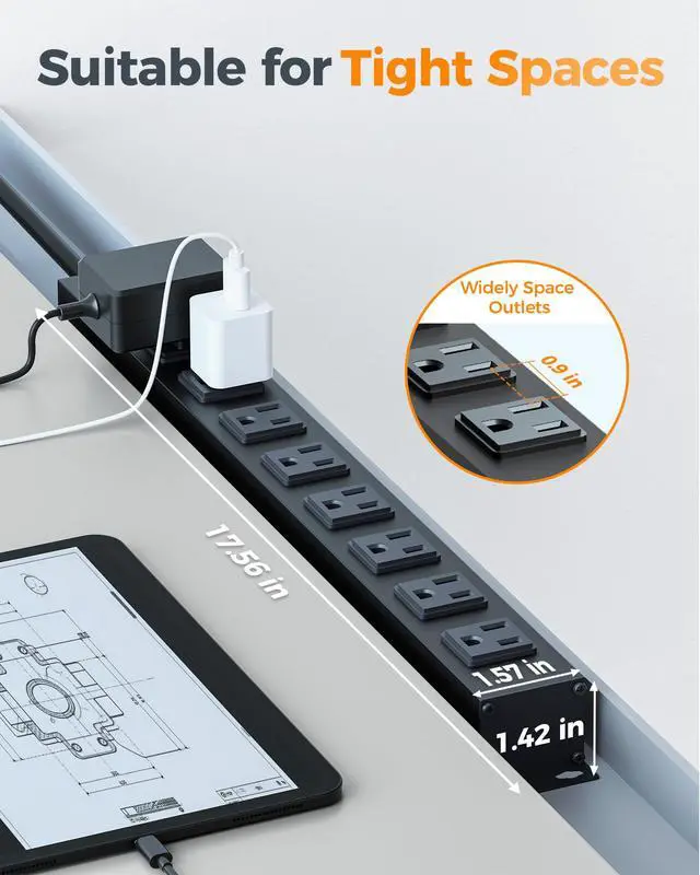 Alt view image 5 of 7 - Metal Power Strip, 8 Outlets, 1 Switch, 6 Ft Extension Cord