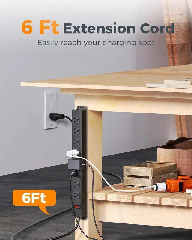 Alt view image 6 of 7 - Metal Power Strip, 8 Outlets, 1 Switch, 6 Ft Extension Cord