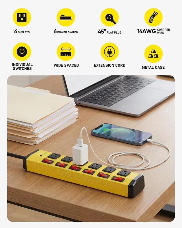 Alt view image 2 of 7 - 6 Outlet Heavy Duty Power Strip with Individual Switches,Metal Mountable Power Outlet-1200J Surge Protection,14AWG,6FT Flat Plug Extension Cord,15A 1875W