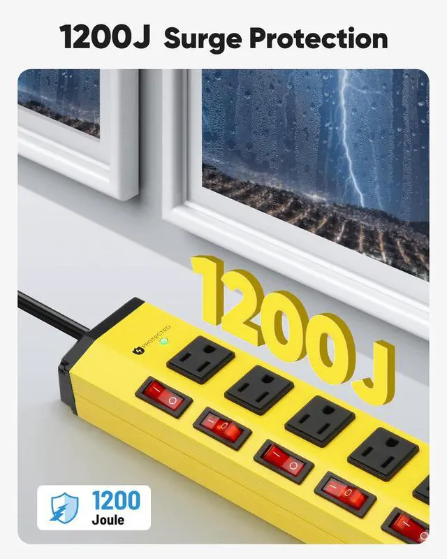 Alt view image 3 of 7 - 6 Outlet Heavy Duty Power Strip with Individual Switches,Metal Mountable Power Outlet-1200J Surge Protection,14AWG,6FT Flat Plug Extension Cord,15A 1875W