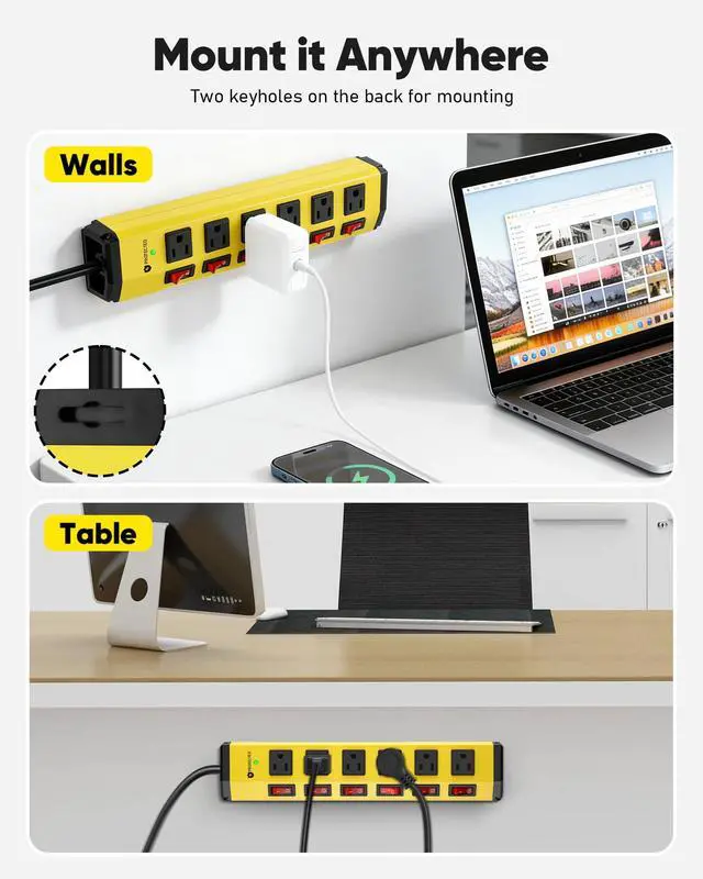 Alt view image 4 of 7 - 6 Outlet Heavy Duty Power Strip with Individual Switches,Metal Mountable Power Outlet-1200J Surge Protection,14AWG,6FT Flat Plug Extension Cord,15A 1875W