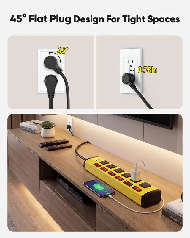 Alt view image 5 of 7 - 6 Outlet Heavy Duty Power Strip with Individual Switches,Metal Mountable Power Outlet-1200J Surge Protection,14AWG,6FT Flat Plug Extension Cord,15A 1875W