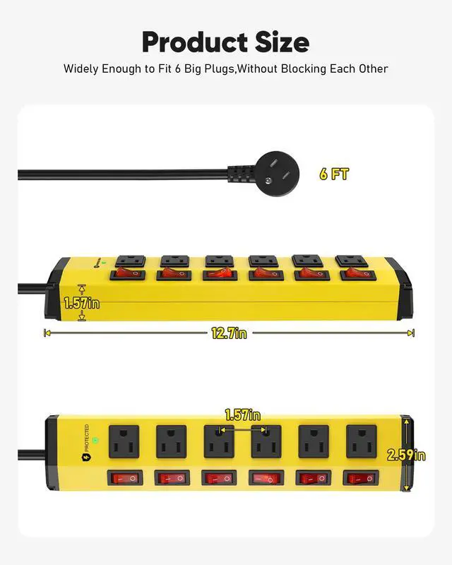 Alt view image 6 of 7 - 6 Outlet Heavy Duty Power Strip with Individual Switches,Metal Mountable Power Outlet-1200J Surge Protection,14AWG,6FT Flat Plug Extension Cord,15A 1875W