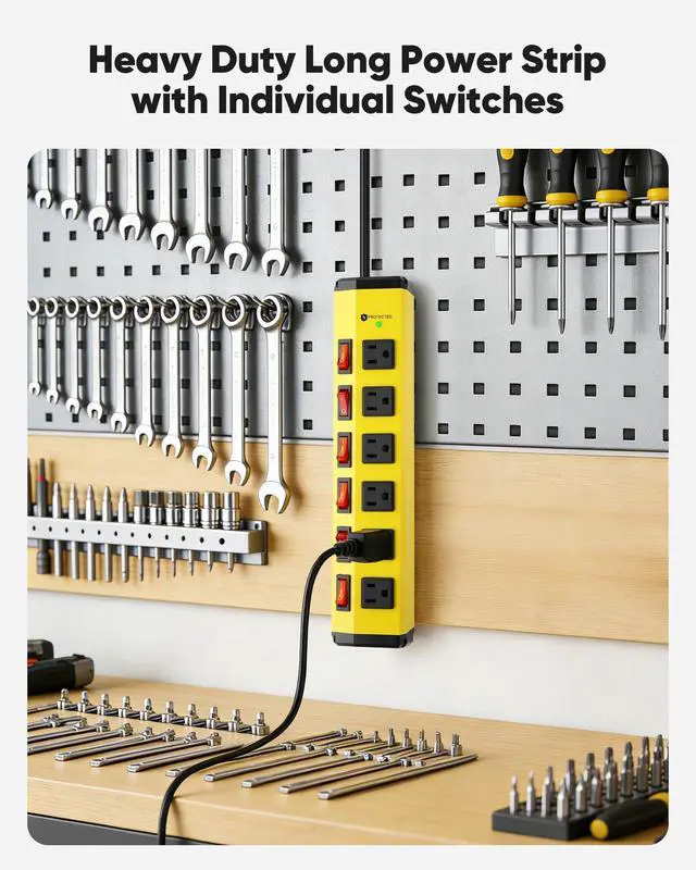 Alt view image 7 of 7 - 6 Outlet Heavy Duty Power Strip with Individual Switches,Metal Mountable Power Outlet-1200J Surge Protection,14AWG,6FT Flat Plug Extension Cord,15A 1875W