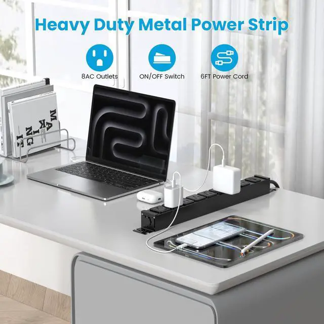 Alt view image 3 of 7 - Metal 360° Rotating Mountable Power Strip, 8 Outlet Surge Protector Power Strip, Heavy Duty Wall Mount Surge Protector with Switch,1200J,15A 125V 1875W, 6ft Power Cord.(Black)