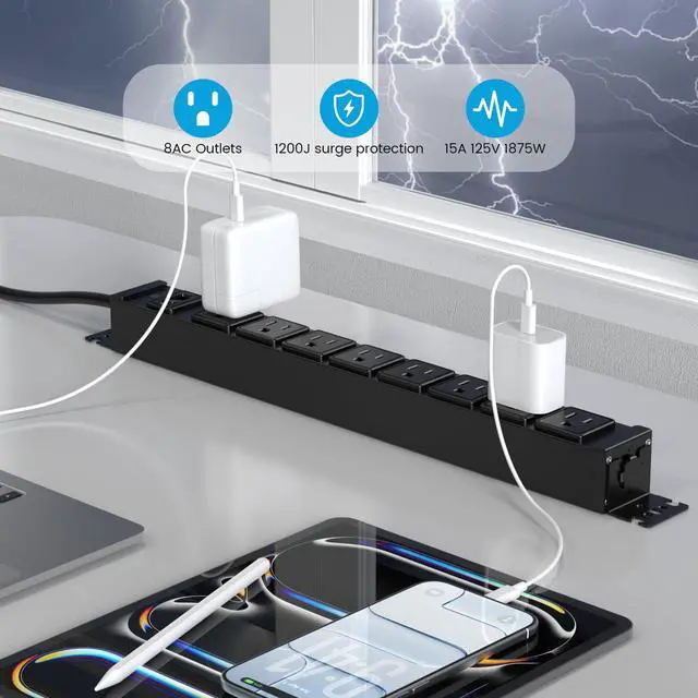 Alt view image 4 of 7 - Metal 360° Rotating Mountable Power Strip, 8 Outlet Surge Protector Power Strip, Heavy Duty Wall Mount Surge Protector with Switch,1200J,15A 125V 1875W, 6ft Power Cord.(Black)
