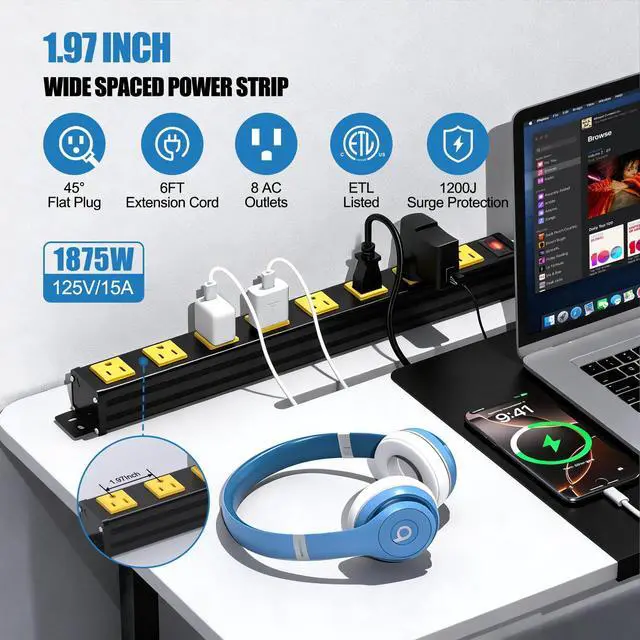 Alt view image 2 of 7 - 8 Outlet Wall Mount Metal Power Strip, 1.97 Inch Wide Spacing Flat Plug, 6FT 14AWG Extension Cord with Switch, 15A 1875W ETL Listed for Garage, Workshop, Home