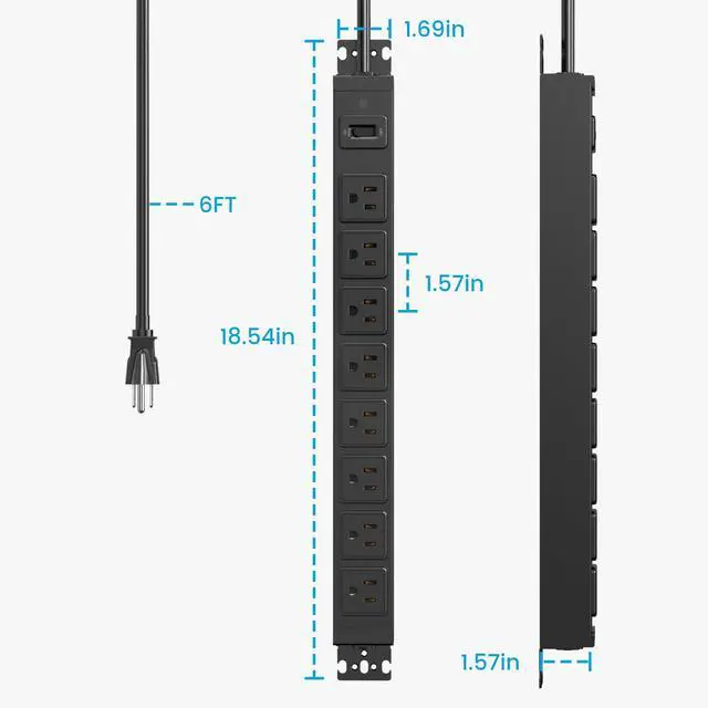 Alt view image 5 of 7 - Metal 360° Rotating Mountable Power Strip, 8 Outlet Surge Protector Power Strip, Heavy Duty Wall Mount Surge Protector with Switch,1200J,15A 125V 1875W, 6ft Power Cord.(Black)