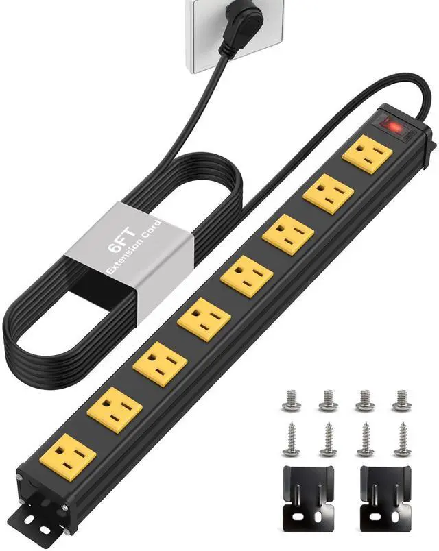 Main image of 8 Outlet Wall Mount Metal Power Strip, 1.97 Inch Wide Spacing Flat Plug, 6FT 14AWG Extension Cord with Switch, 15A 1875W ETL Listed for Garage, Workshop, Home