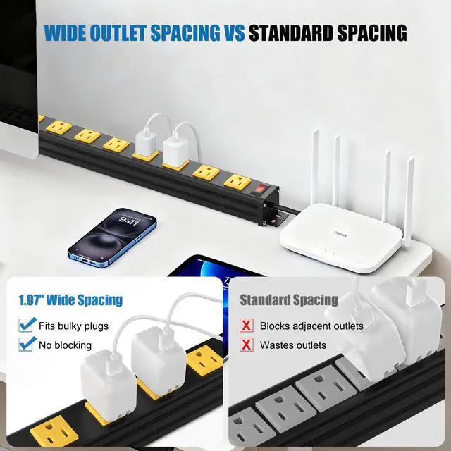 Alt view image 5 of 7 - 8 Outlet Wall Mount Metal Power Strip, 1.97 Inch Wide Spacing Flat Plug, 6FT 14AWG Extension Cord with Switch, 15A 1875W ETL Listed for Garage, Workshop, Home