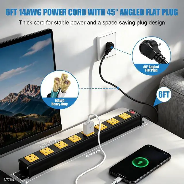 Alt view image 3 of 7 - 8 Outlet Wall Mount Metal Power Strip, 1.97 Inch Wide Spacing Flat Plug, 6FT 14AWG Extension Cord with Switch, 15A 1875W ETL Listed for Garage, Workshop, Home