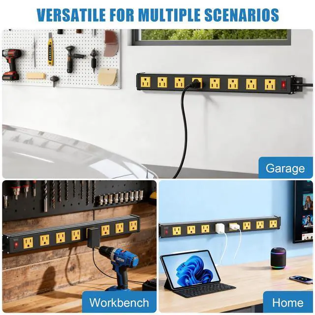 Alt view image 7 of 7 - 8 Outlet Wall Mount Metal Power Strip, 1.97 Inch Wide Spacing Flat Plug, 6FT 14AWG Extension Cord with Switch, 15A 1875W ETL Listed for Garage, Workshop, Home